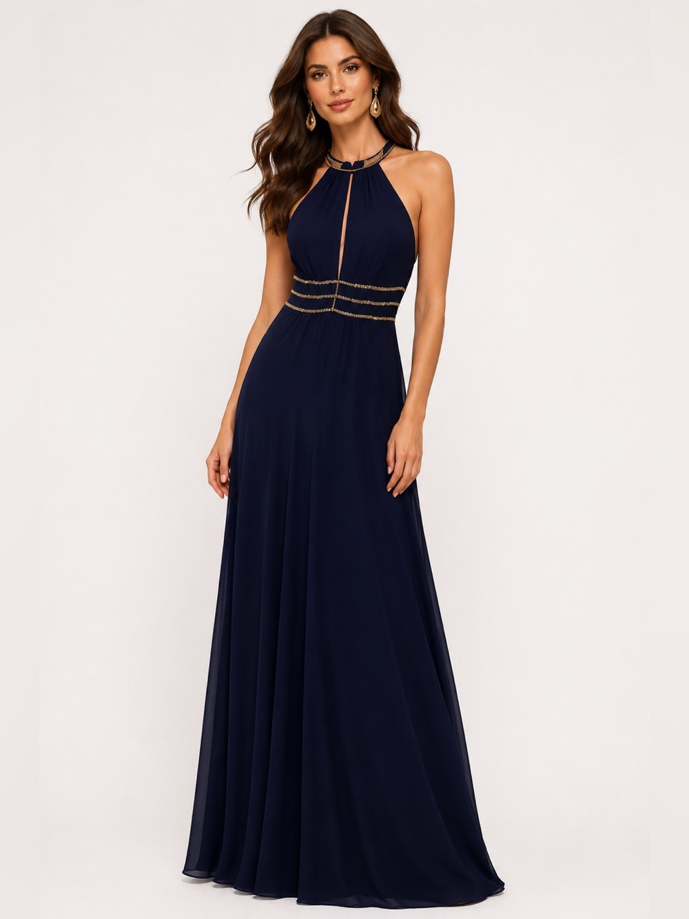 Terani Couture Blue Cocktail Gown with Halter Neckline and Sleeveless Design